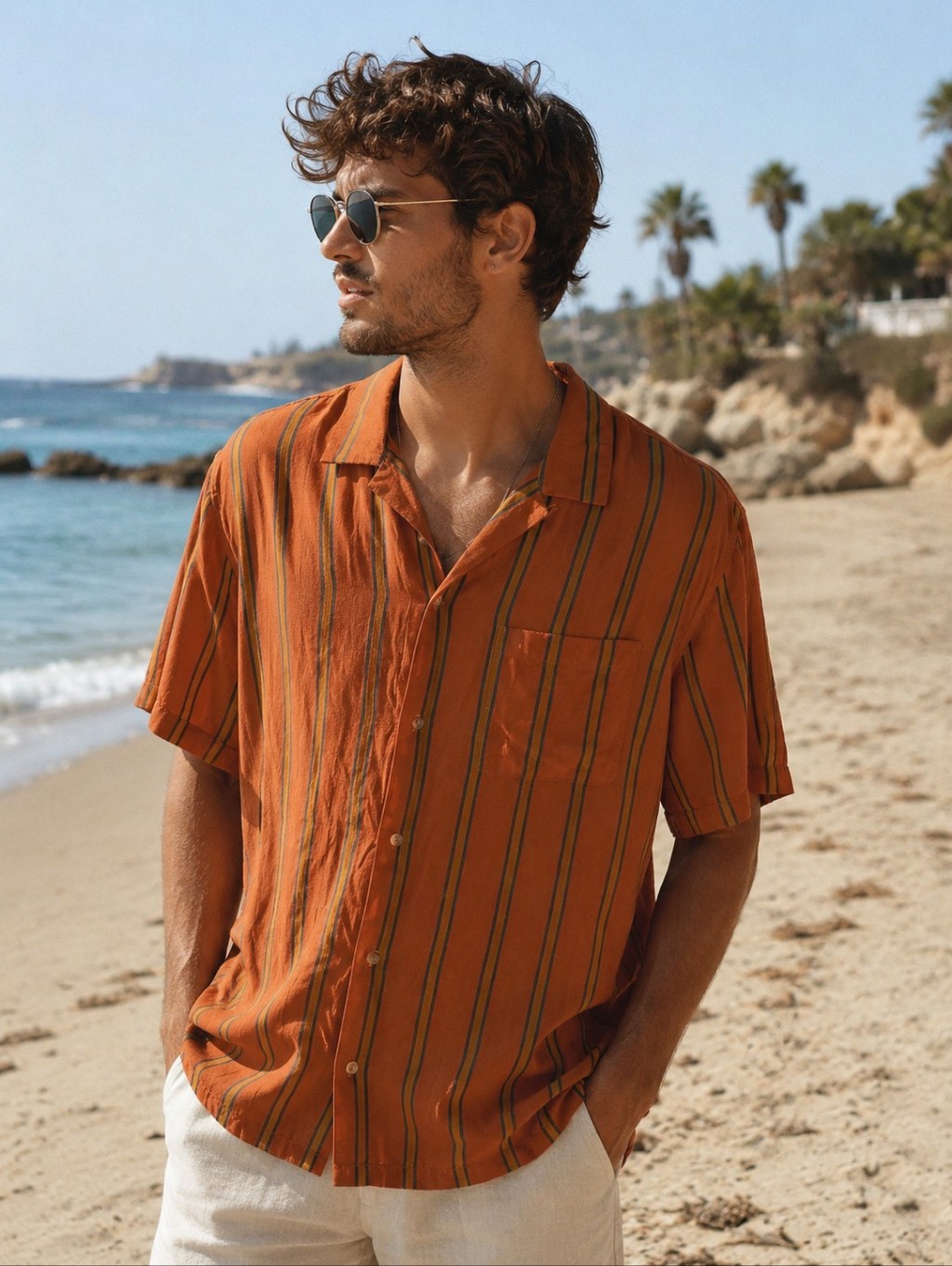Urban Outfitters Rust-Orange Striped Short Sleeve Button-Down